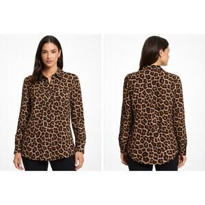 Michael Kors Leopard Print Button Front Blouse Women's Size M Long Sleeve Collar